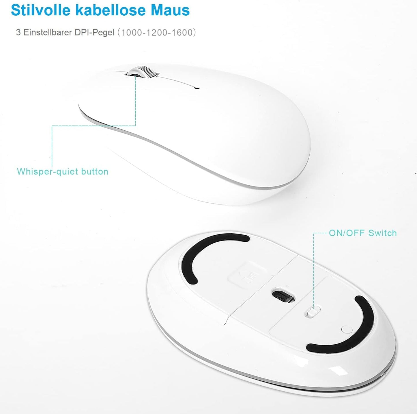 Kabellose Tastatur und Maus Set, Ultradünne Fullsize Funktastatur mit Maus mit USB Emfänger für PC/Laptop/Smart TV/Zuhause/Büro, QWERTZ Layout und Leises klick(Schwarz)