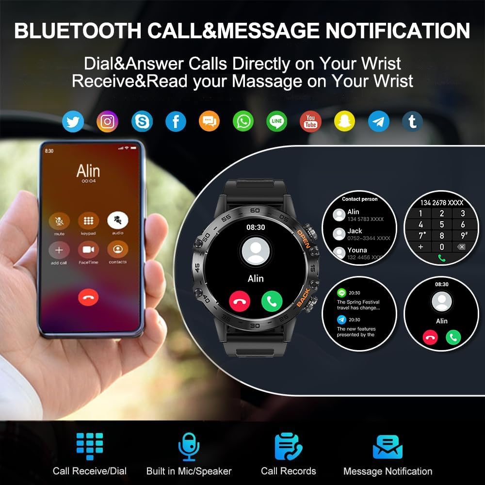 BT50 Smartwatch Herren 1,43 Zoll AMOLED Touchscreen Bluetooth 5.2 Wasserdicht Fitness Watch mit Telefonfunktion 100+ Sportmodi 400mAh reicht für 15 Tage für iOS/Android/Zwei Silikonarmbänder