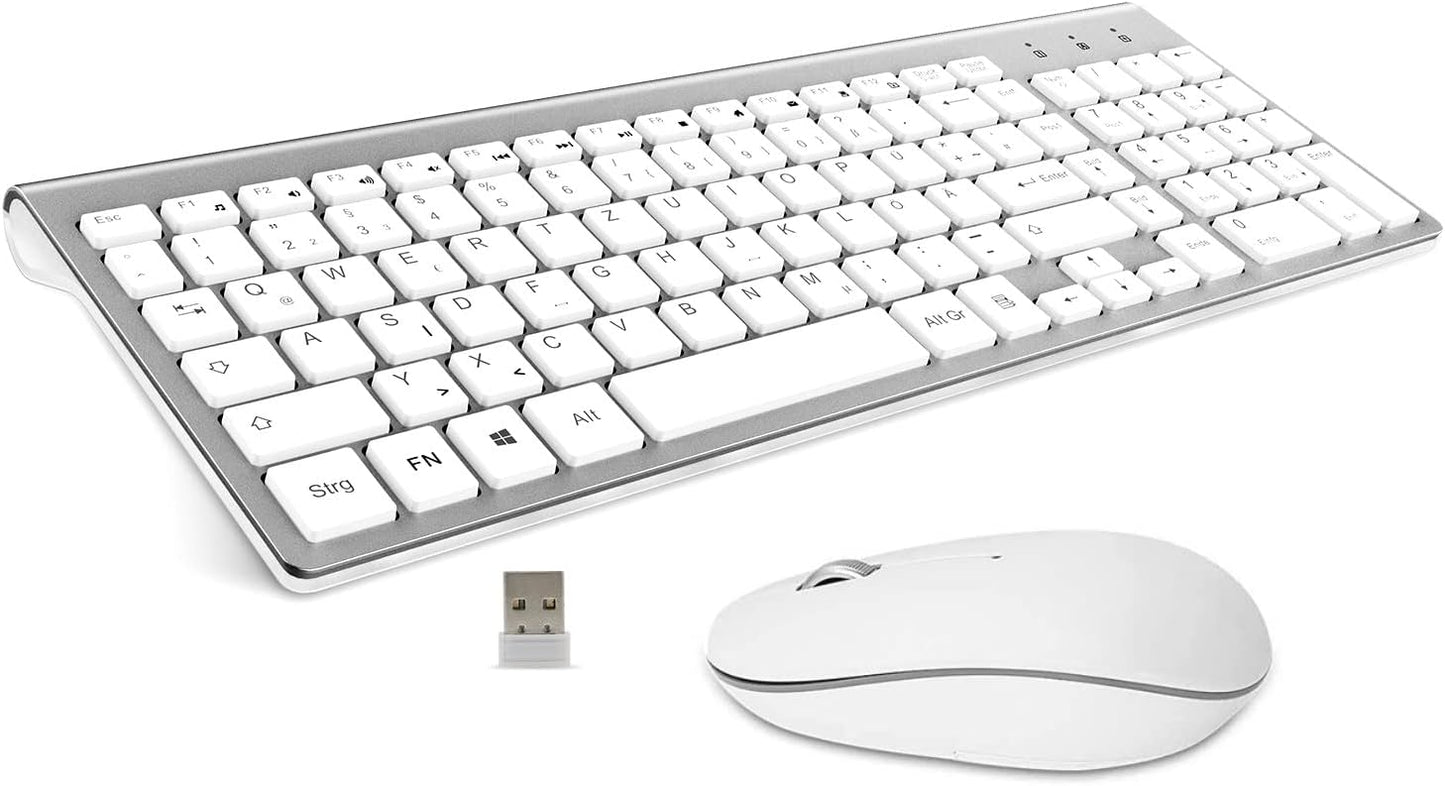 Kabellose Tastatur und Maus Set, Ultradünne Fullsize Funktastatur mit Maus mit USB Emfänger für PC/Laptop/Smart TV/Zuhause/Büro, QWERTZ Layout und Leises klick(Schwarz)