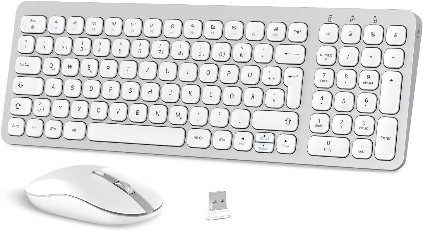 Tastatur Maus Set Kabellos, 2.4G USB Maus und Tastatur Kabellos Deutsche Tastatur QWERTZ Layout 12 FN-Tasten für PC, Desktop, Notebook, und Laptop unter Windows