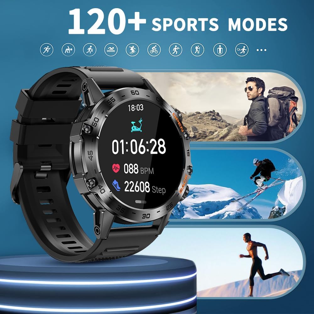 BT50 Smartwatch Herren 1,43 Zoll AMOLED Touchscreen Bluetooth 5.2 Wasserdicht Fitness Watch mit Telefonfunktion 100+ Sportmodi 400mAh reicht für 15 Tage für iOS/Android/Zwei Silikonarmbänder