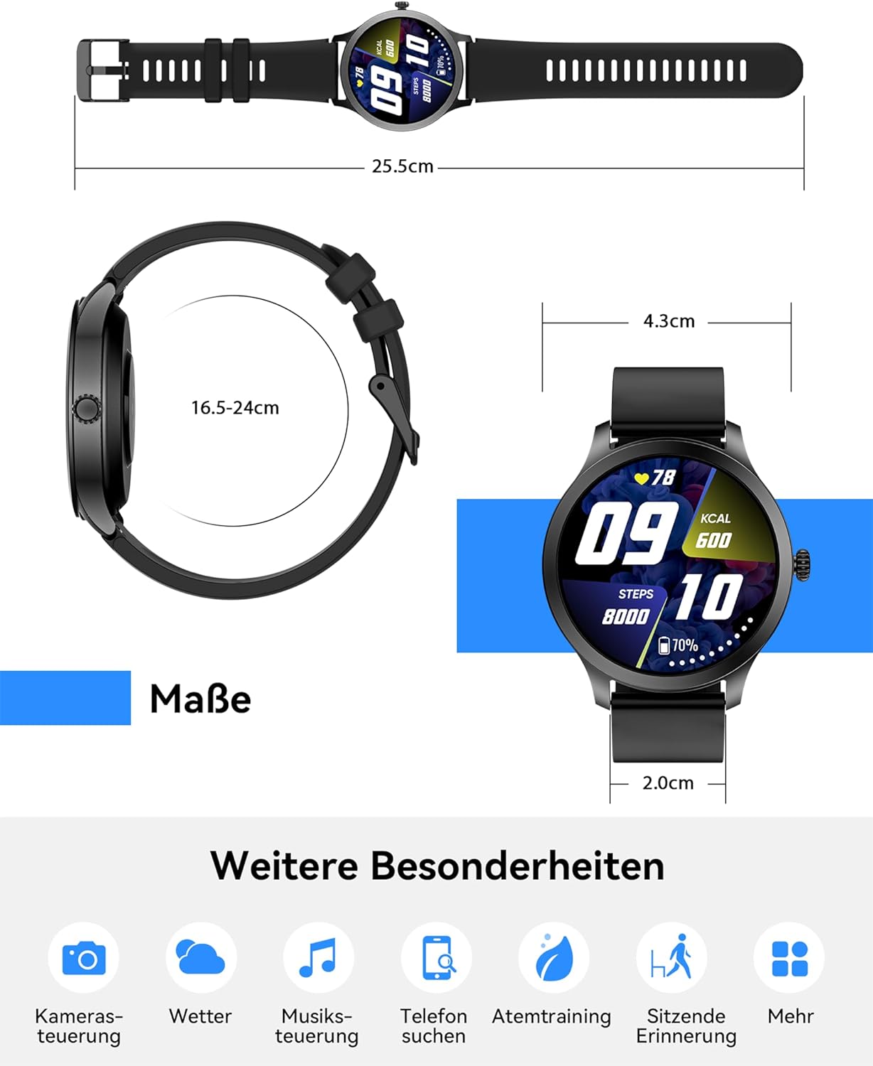 Smartwatch Herren mit Telefonfunktion, 1.43" AMOLED Militär Robuste Smartwatch mit Herzfrequenz/SpO2 Outdoor Sportuhr, 60 Tage Extra Lange Batterie, Wasserdicht für Android iOS, Schwarz