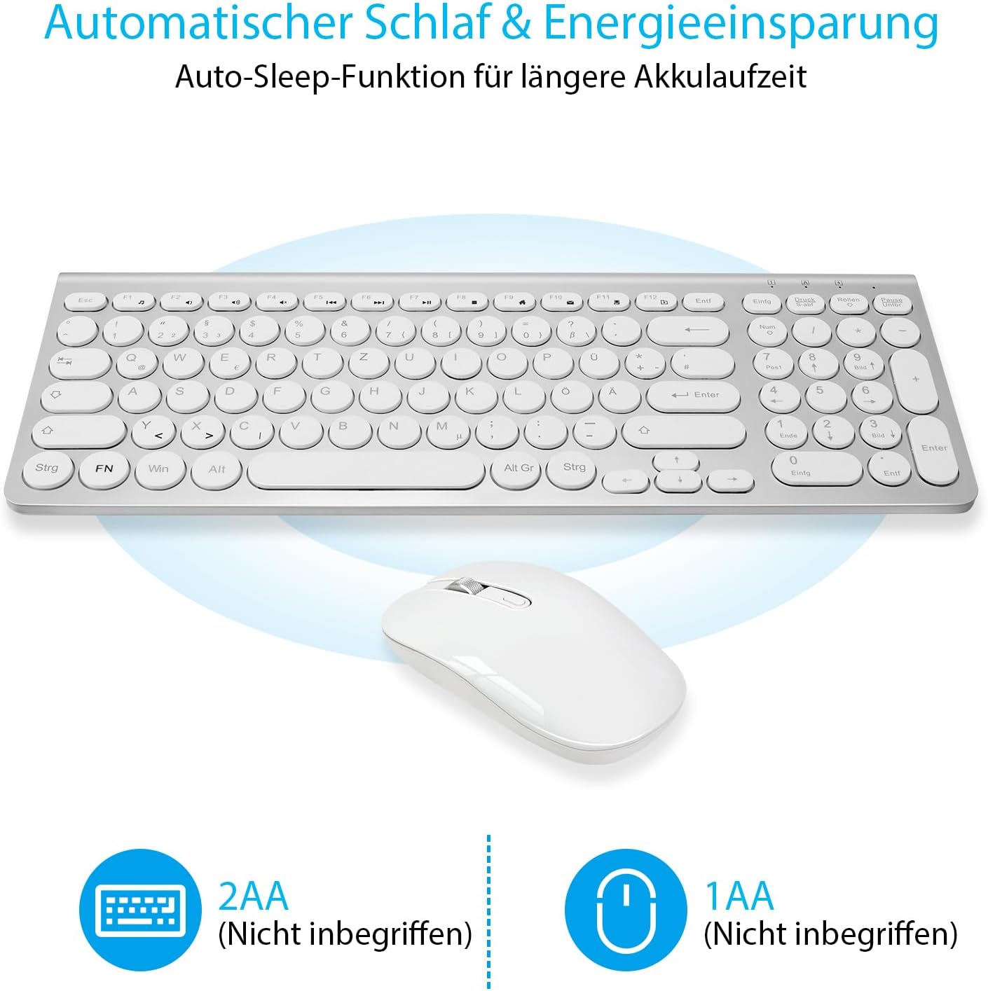 Bluetooth Tastatur Maus Set, Kompakte kabellose Tastatur und Maus Kombination kompatibel mit MacBook Pro/Air, iMac, iMac Pro, Mac Mini, Mac Pro, QWERTZ DE-Layout, Silber