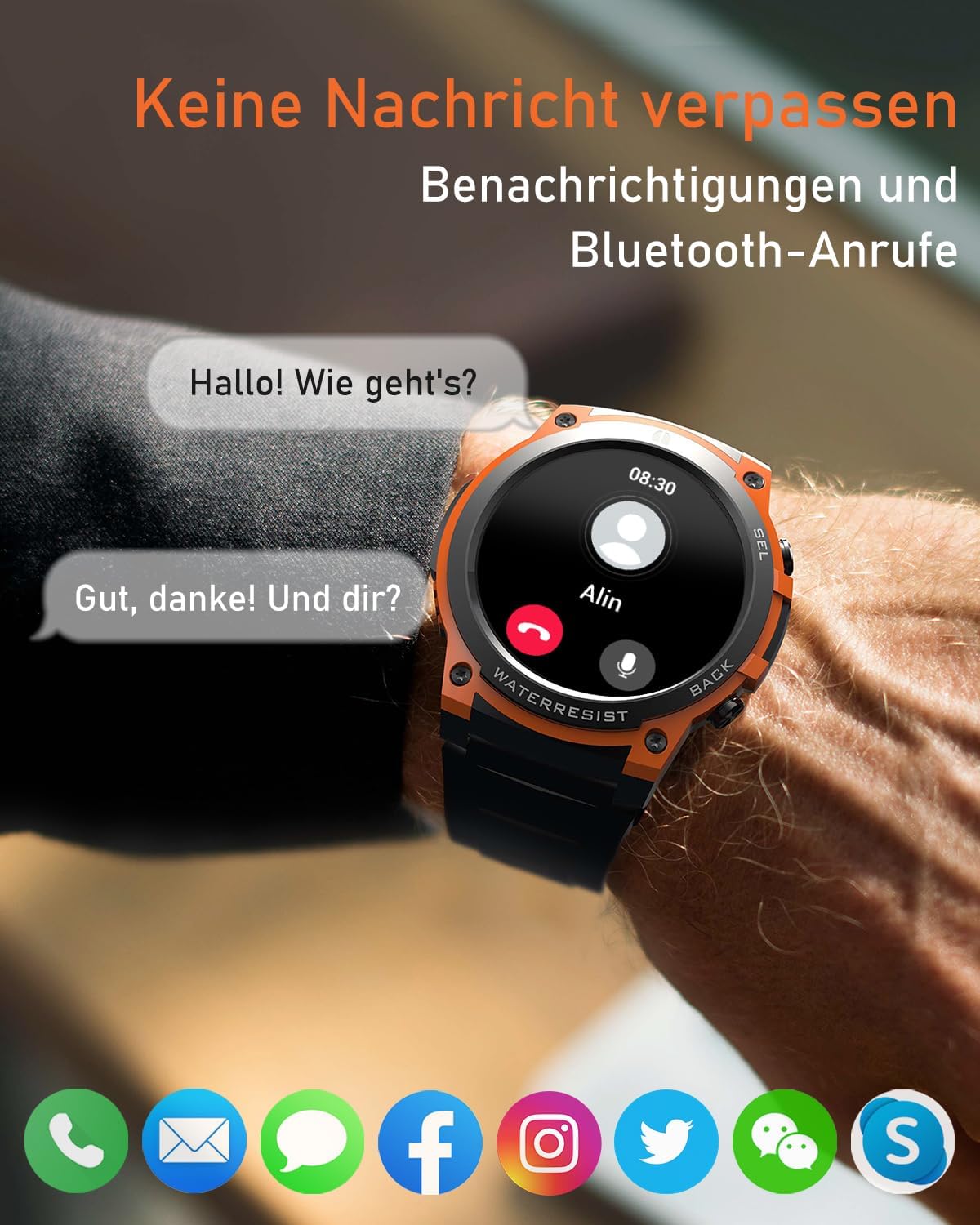 Smartwatch Herren mit Telefonfunktion, 1.43" AMOLED Militär Robuste Smartwatch mit Herzfrequenz/SpO2 Outdoor Sportuhr, 60 Tage Extra Lange Batterie, Wasserdicht für Android iOS, Schwarz