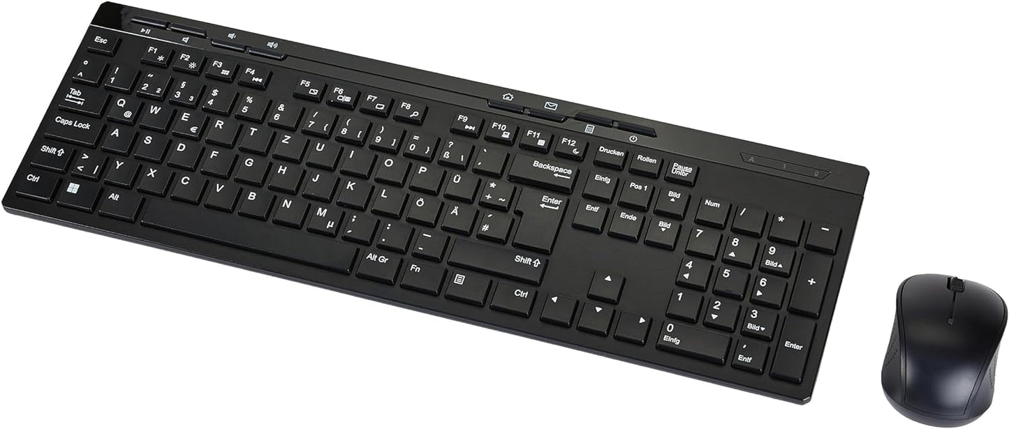 Tastatur Maus Set Kabellos, Ultra-Dünne Wiederaufladbare Funk , Ergonomische mit Silikon Staubschutz für PC/Laptop/Smart TV, DE QWERTZ Layout (Schwarz&Grau)