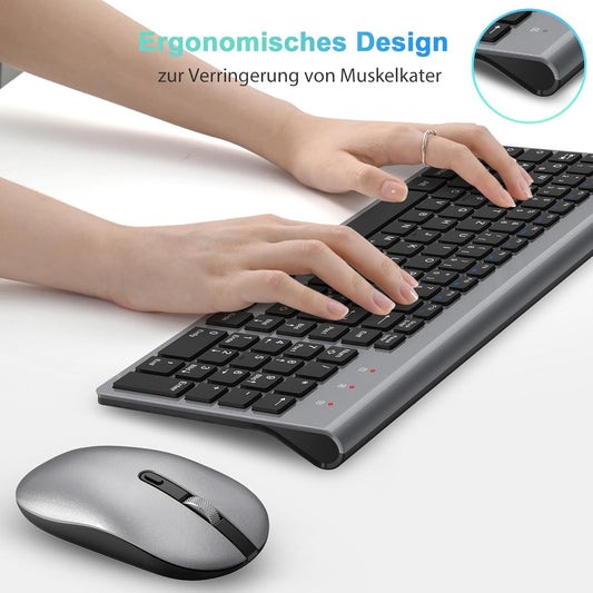 Tastatur Maus Set Kabellos, 2.4G Ultraslim Kabellose Tastatur mit Funkmaus, QWERTZ Deutsches Layout, 10m Reichweite, für PC, Desktop, Notebook, Laptop, Windows (Silber)