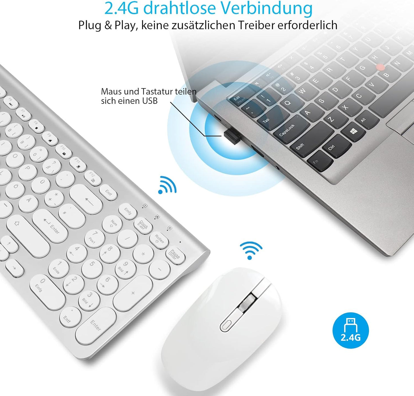 Bluetooth Tastatur Maus Set, Kompakte kabellose Tastatur und Maus Kombination kompatibel mit MacBook Pro/Air, iMac, iMac Pro, Mac Mini, Mac Pro, QWERTZ DE-Layout, Silber