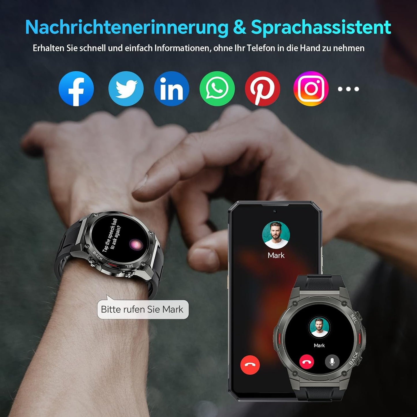 Smartwatch Herren mit Telefonfunktion,1.43'' AMOLED Outdoor Smartwatch mit 126+ Sportmodi,Pulsmesser/Schlafmonitor,5ATM Wasserdicht Schrittzähler Android iOS