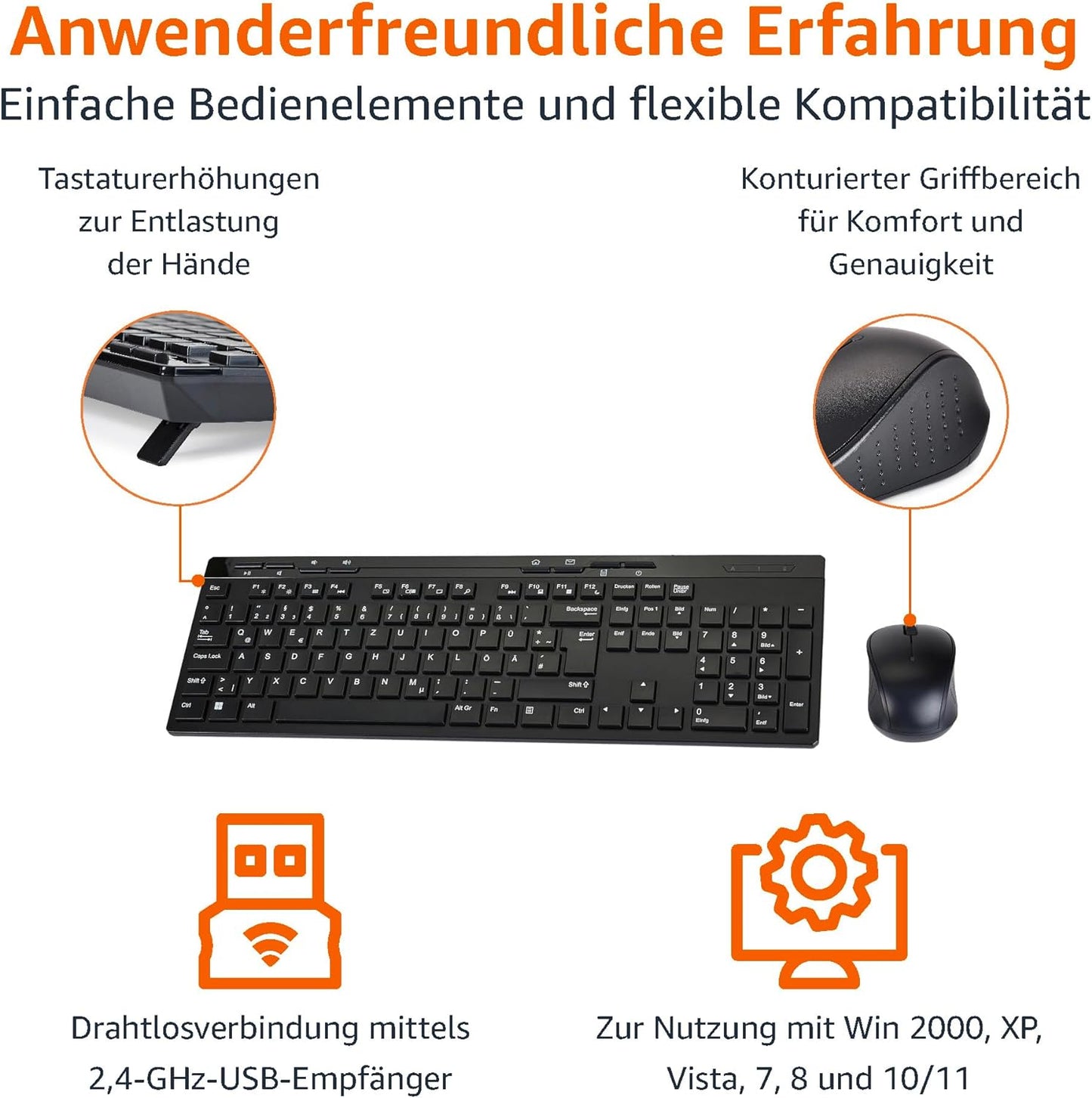 Tastatur Maus Set Kabellos, Ultra-Dünne Wiederaufladbare Funk , Ergonomische mit Silikon Staubschutz für PC/Laptop/Smart TV, DE QWERTZ Layout (Schwarz&Grau)