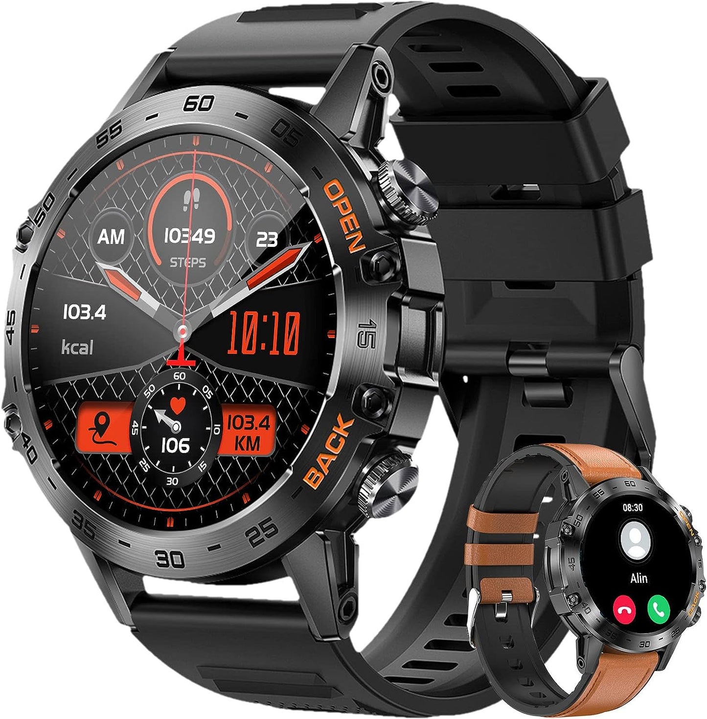 BT50 Smartwatch Herren 1,43 Zoll AMOLED Touchscreen Bluetooth 5.2 Wasserdicht Fitness Watch mit Telefonfunktion 100+ Sportmodi 400mAh reicht für 15 Tage für iOS/Android/Zwei Silikonarmbänder