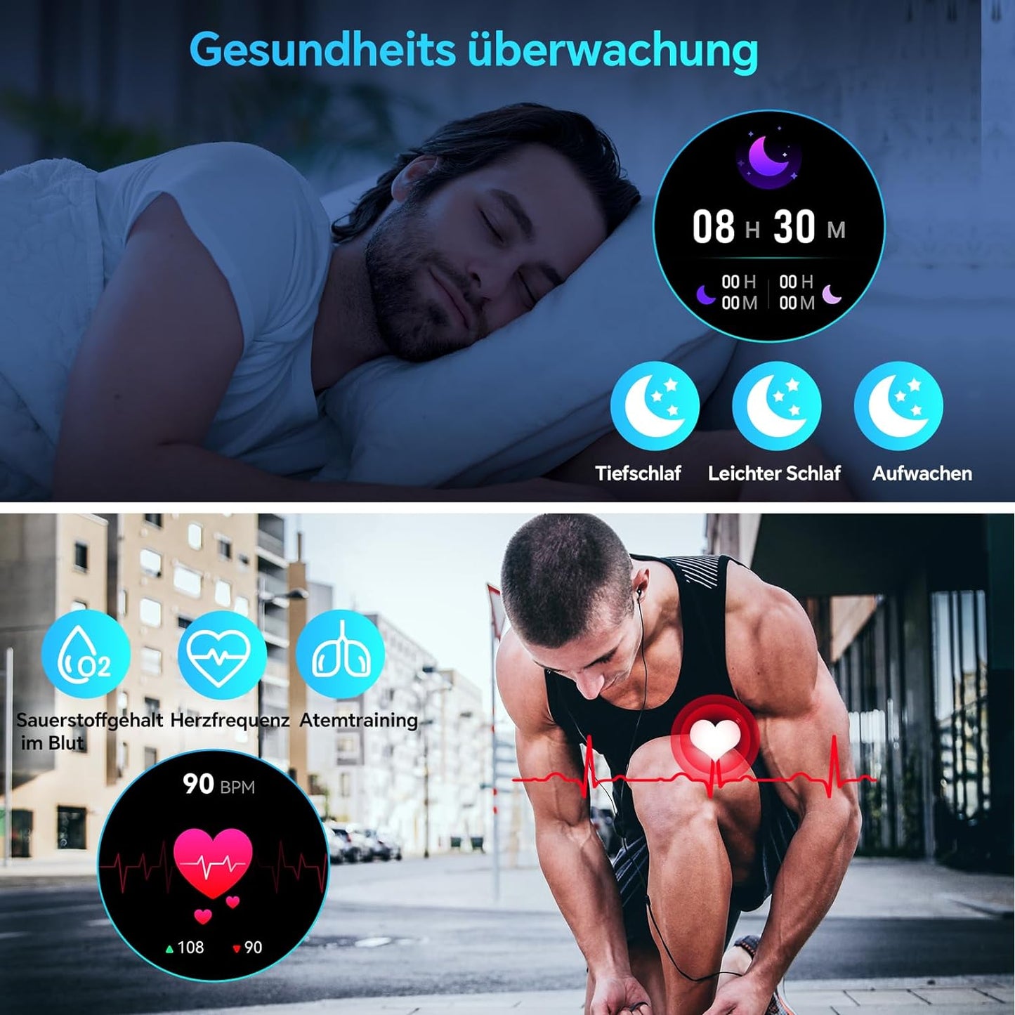 Smartwatch Herren mit Telefonfunktion,1.43'' AMOLED Outdoor Smartwatch mit 126+ Sportmodi,Pulsmesser/Schlafmonitor,5ATM Wasserdicht Schrittzähler Android iOS