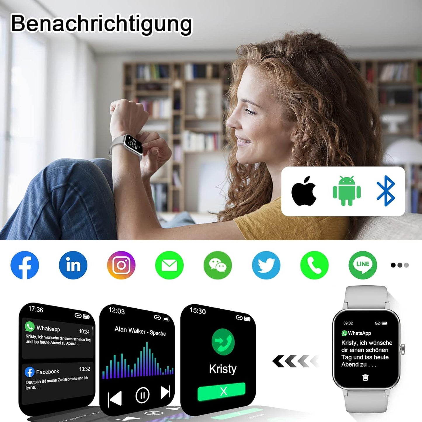 Smartwatch Damen, Smartwatch mit Telefonfunktion 1.7" HD Display Wasserdicht Armbanduhr mit Herzfrequenz Schlafmonitor Menstruationszyklus SpO2 Schrittzähler