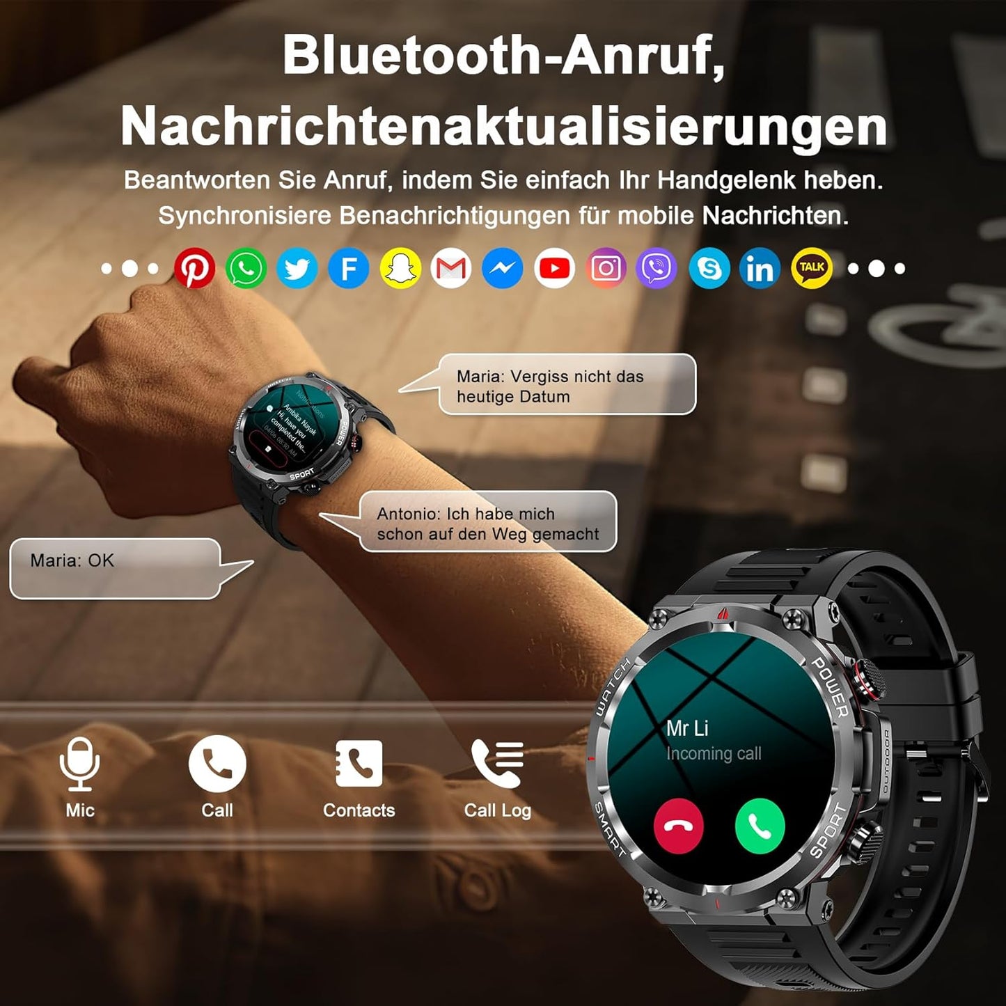 Smartwatch Herren mit Telefonfunktion,1.43'' AMOLED Outdoor Smartwatch mit 126+ Sportmodi,Pulsmesser/Schlafmonitor,5ATM Wasserdicht Schrittzähler Android iOS