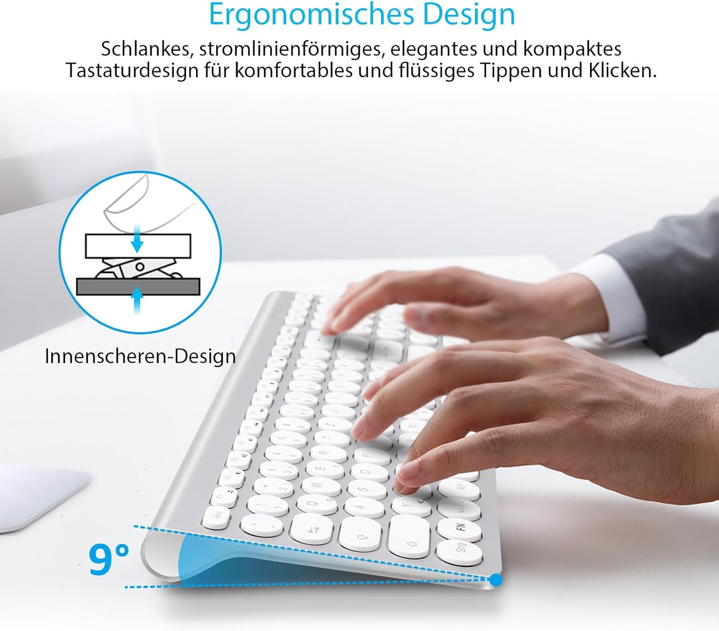 Bluetooth Tastatur Maus Set, Kompakte kabellose Tastatur und Maus Kombination kompatibel mit MacBook Pro/Air, iMac, iMac Pro, Mac Mini, Mac Pro, QWERTZ DE-Layout, Silber