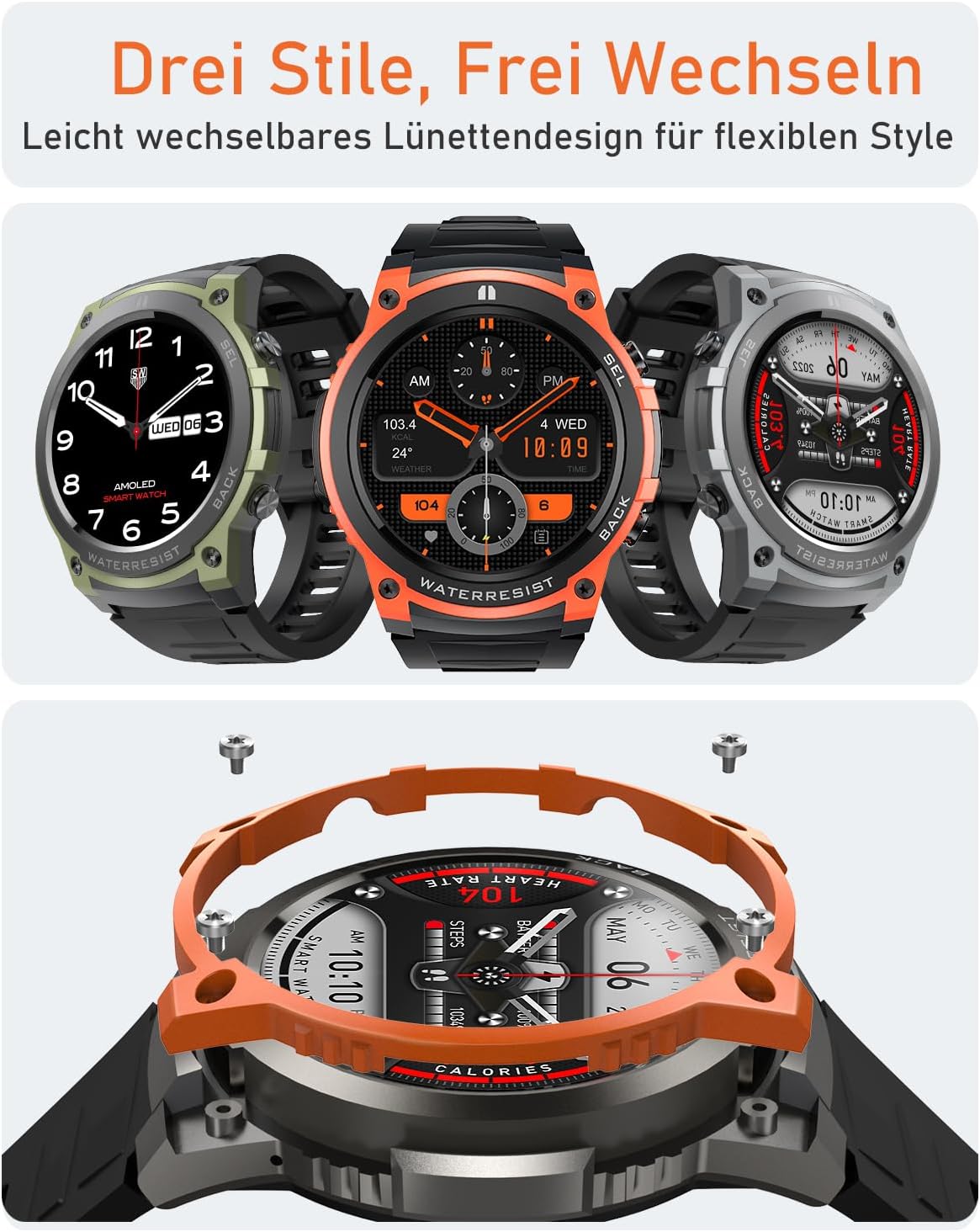 Smartwatch Herren mit Telefonfunktion, 1.43" AMOLED Militär Robuste Smartwatch mit Herzfrequenz/SpO2 Outdoor Sportuhr, 60 Tage Extra Lange Batterie, Wasserdicht für Android iOS, Schwarz