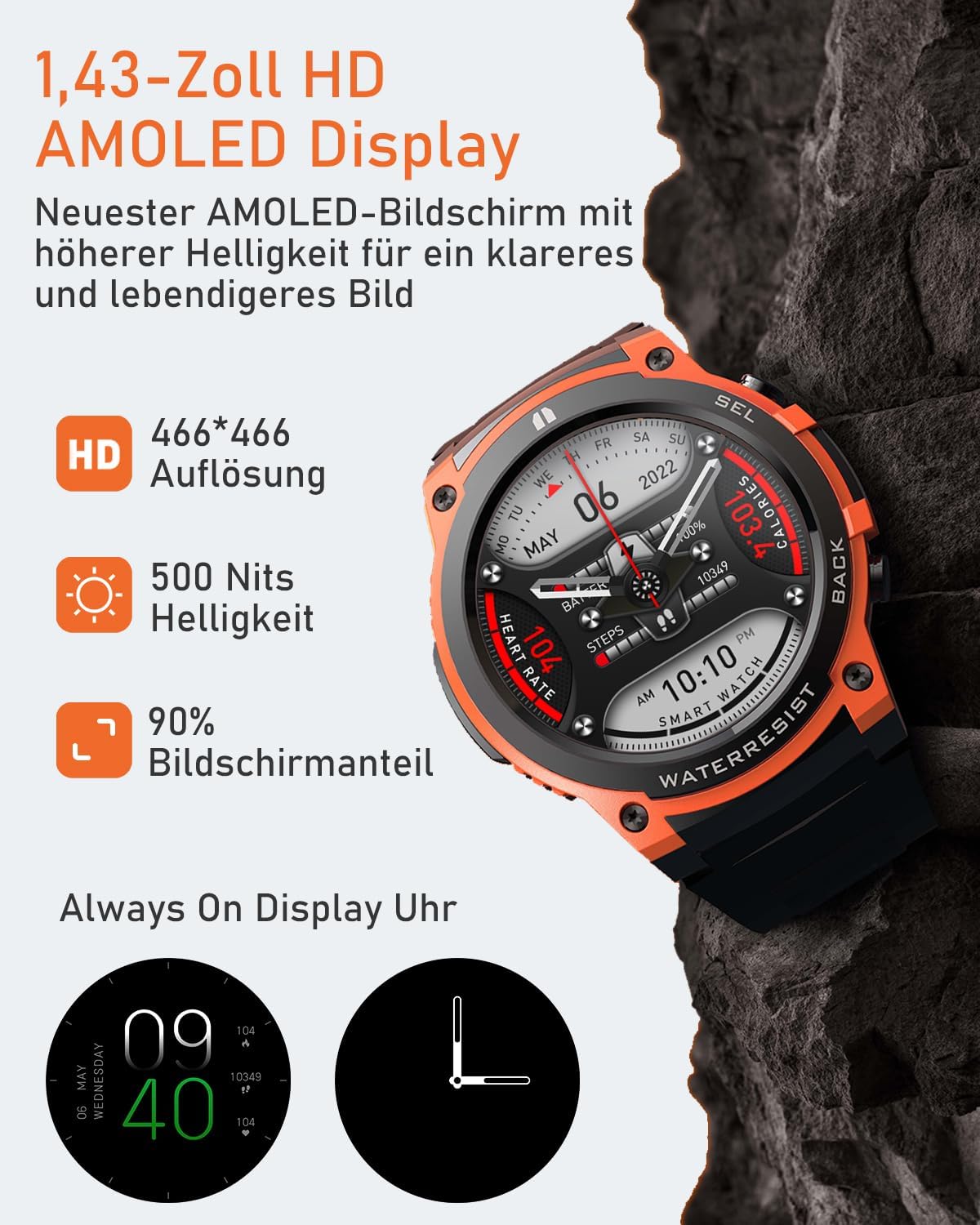 Smartwatch Herren mit Telefonfunktion, 1.43" AMOLED Militär Robuste Smartwatch mit Herzfrequenz/SpO2 Outdoor Sportuhr, 60 Tage Extra Lange Batterie, Wasserdicht für Android iOS, Schwarz