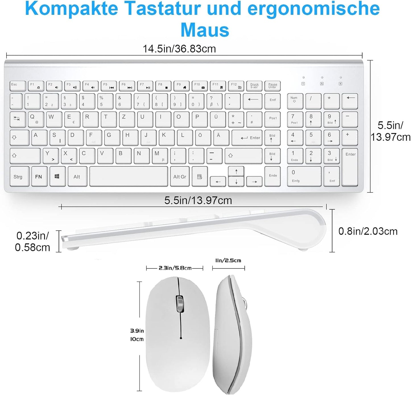 Kabellose Tastatur und Maus Set, Ultradünne Fullsize Funktastatur mit Maus mit USB Emfänger für PC/Laptop/Smart TV/Zuhause/Büro, QWERTZ Layout und Leises klick(Schwarz)