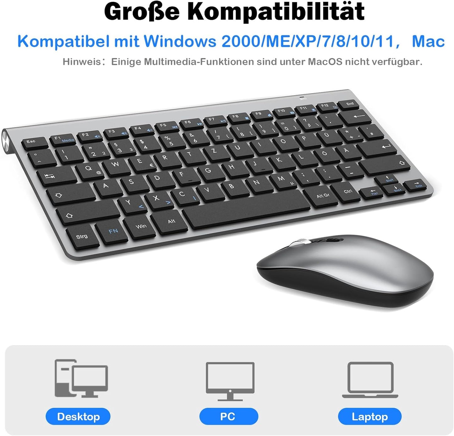 kabellose Tastatur und Maus Set, 2.4G kabellose Tastatur und Maus, USB-C wiederaufladbar, Originalgröße, schlanke, dünne und widerstandsfähige Tastatur für Windows 7/8/10, Mac OS