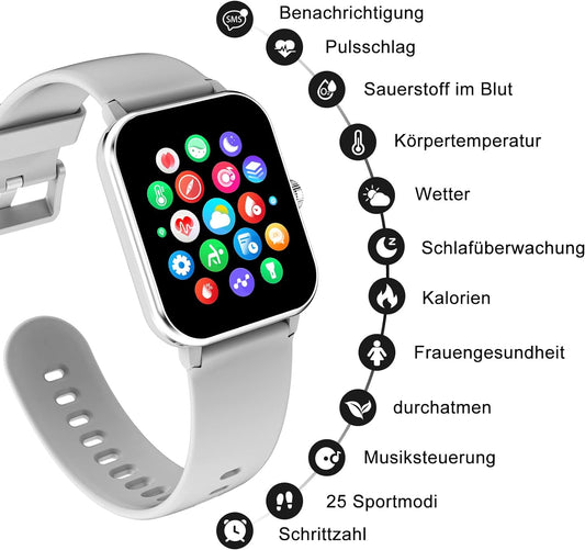 Smartwatch Damen, Smartwatch mit Telefonfunktion 1.7" HD Display Wasserdicht Armbanduhr mit Herzfrequenz Schlafmonitor Menstruationszyklus SpO2 Schrittzähler