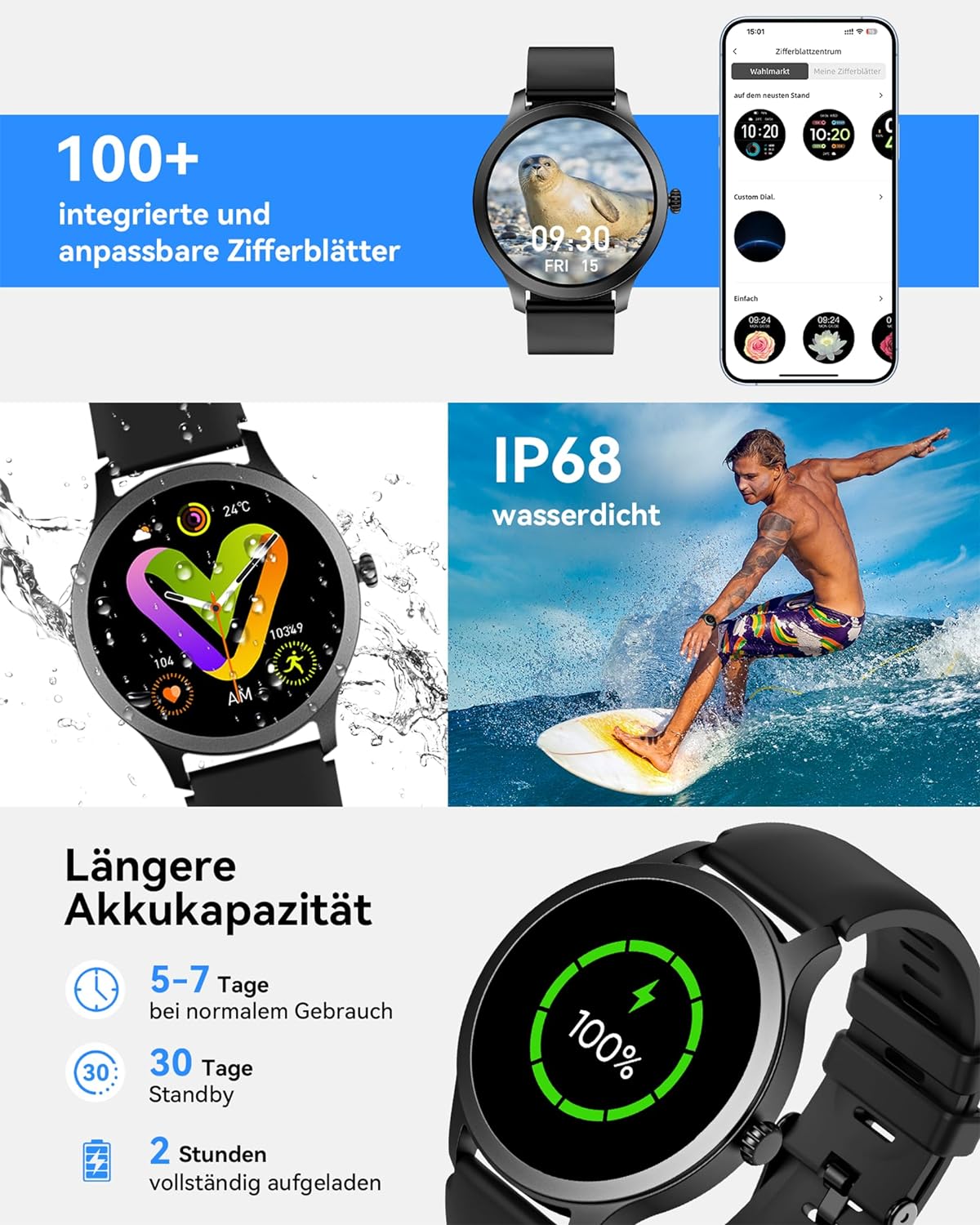 Smartwatch Herren mit Telefonfunktion, 1.43" AMOLED Militär Robuste Smartwatch mit Herzfrequenz/SpO2 Outdoor Sportuhr, 60 Tage Extra Lange Batterie, Wasserdicht für Android iOS, Schwarz