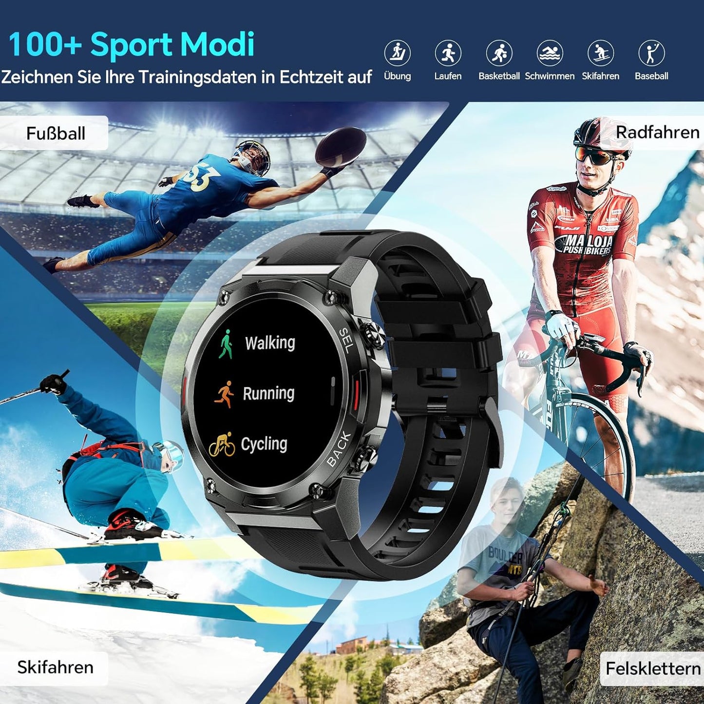 Smartwatch Herren mit Telefonfunktion,1.43'' AMOLED Outdoor Smartwatch mit 126+ Sportmodi,Pulsmesser/Schlafmonitor,5ATM Wasserdicht Schrittzähler Android iOS