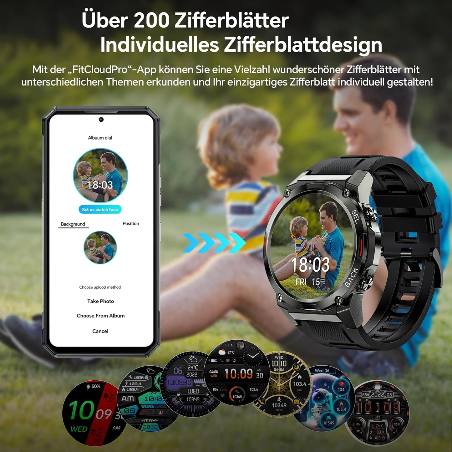 Smartwatch Herren mit Telefonfunktion,1.43'' AMOLED Outdoor Smartwatch mit 126+ Sportmodi,Pulsmesser/Schlafmonitor,5ATM Wasserdicht Schrittzähler Android iOS