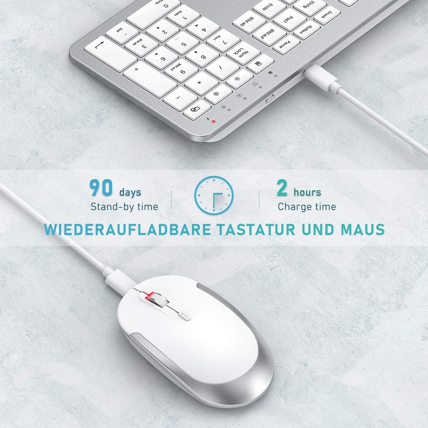 Kabellose Tastatur und Maus Klein, Ultradünne Mini Funktastatur mit Maus mit USB Emfänger für Computer/Laptop/Smart TV/Zuhause/Büro/Reise, QWERTZ Layout und leises klick(Schwarz)