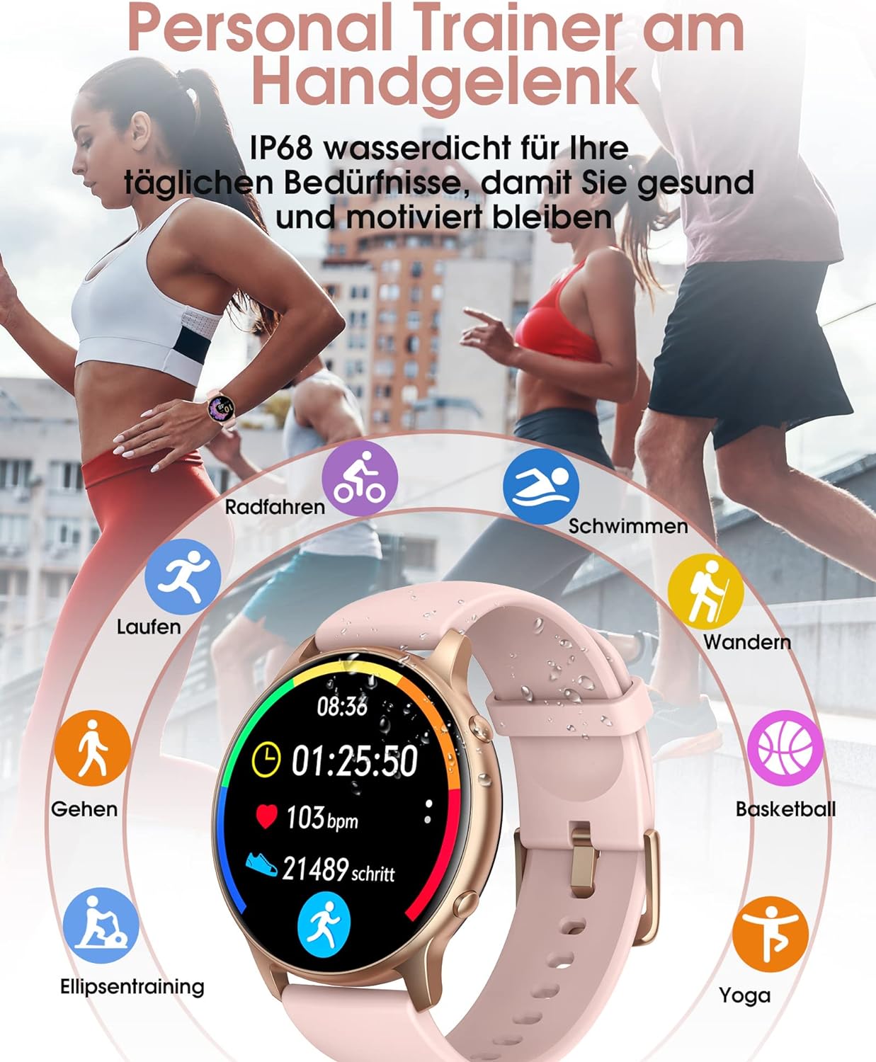 Smartwatch mit Telefonfunktion, 1,85" Touchscreen Smart Watch, 110+ Sportmodi Sportuhr, Fitnessuhr mit Herzfrequenz Schlafmonitor Schrittzähler, IP68 Wasserdicht Uhr, Message Reminder, für Android iOS