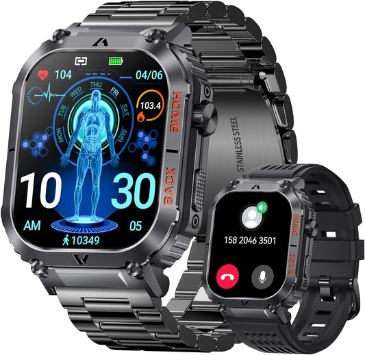 Smartwatch Herren mit Telefonfunktion, 1,85” Touchscreen 5ATM Wasserdicht Fitnessuhr mit Herzfrequenzmessung, SpO2, Smart Schlafmonitor, 70 Sportmodi, 60+Tage Akku Outdoor Militär Sportuhr