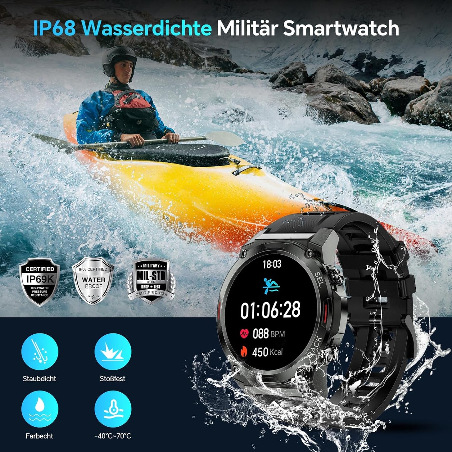 Smartwatch Herren mit Telefonfunktion,1.43'' AMOLED Outdoor Smartwatch mit 126+ Sportmodi,Pulsmesser/Schlafmonitor,5ATM Wasserdicht Schrittzähler Android iOS