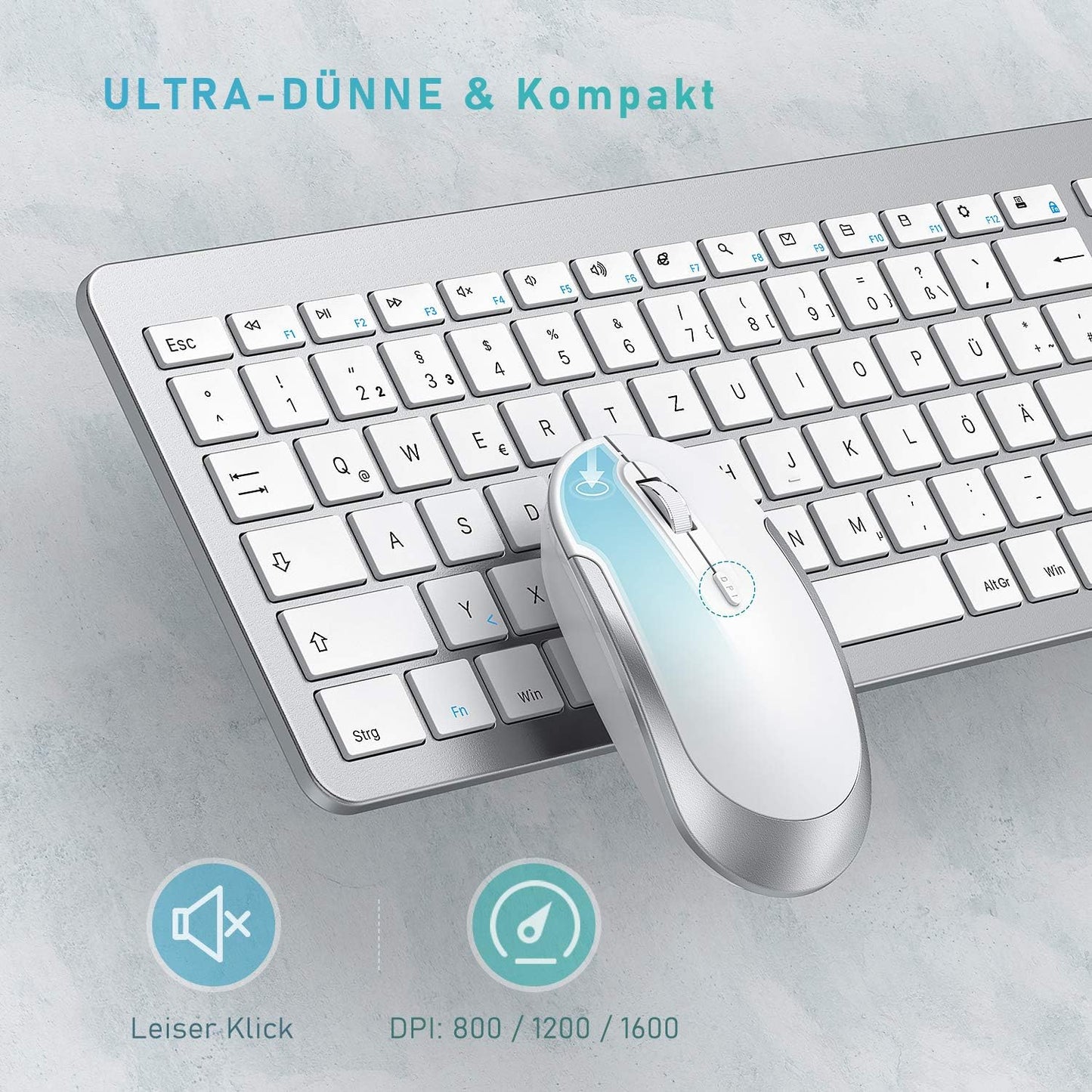 Kabellose Tastatur und Maus Klein, Ultradünne Mini Funktastatur mit Maus mit USB Emfänger für Computer/Laptop/Smart TV/Zuhause/Büro/Reise, QWERTZ Layout und leises klick(Schwarz)