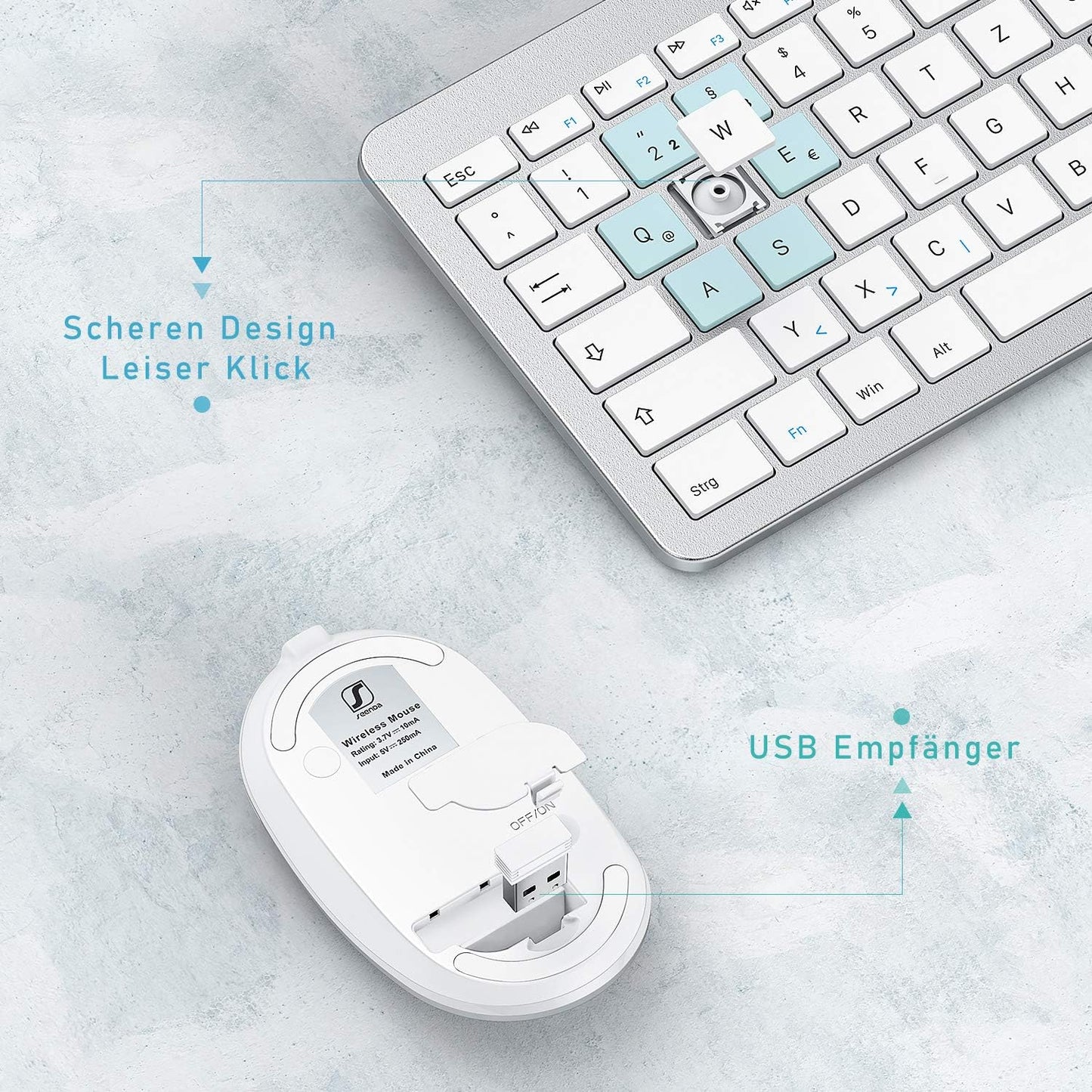 Kabellose Tastatur und Maus Klein, Ultradünne Mini Funktastatur mit Maus mit USB Emfänger für Computer/Laptop/Smart TV/Zuhause/Büro/Reise, QWERTZ Layout und leises klick(Schwarz)