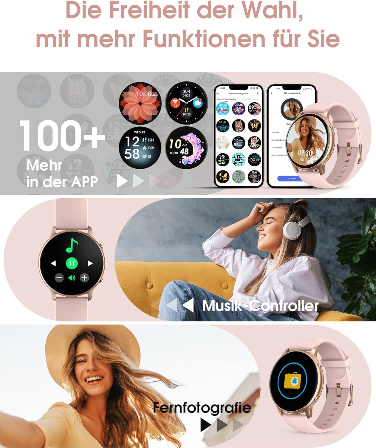 Smartwatch mit Telefonfunktion, 1,85" Touchscreen Smart Watch, 110+ Sportmodi Sportuhr, Fitnessuhr mit Herzfrequenz Schlafmonitor Schrittzähler, IP68 Wasserdicht Uhr, Message Reminder, für Android iOS