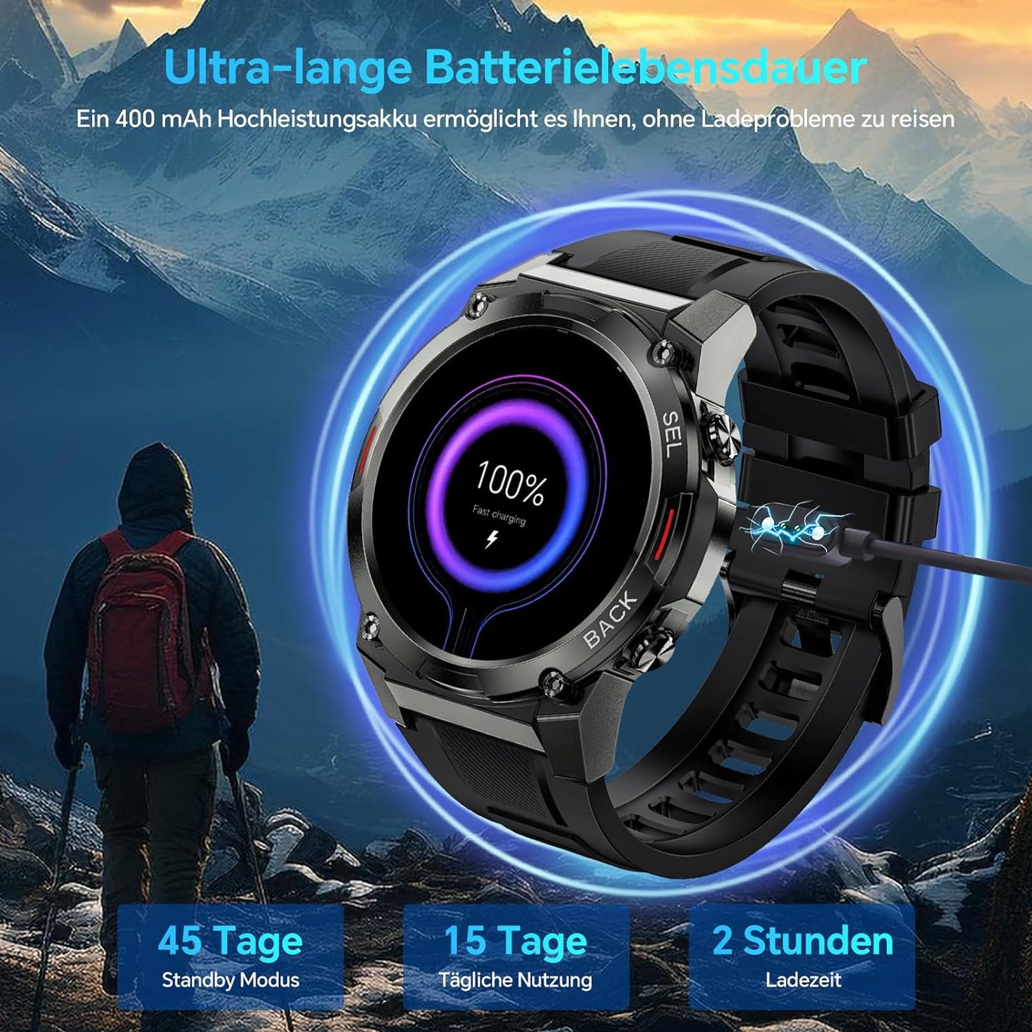 Smartwatch Herren mit Telefonfunktion,1.43'' AMOLED Outdoor Smartwatch mit 126+ Sportmodi,Pulsmesser/Schlafmonitor,5ATM Wasserdicht Schrittzähler Android iOS