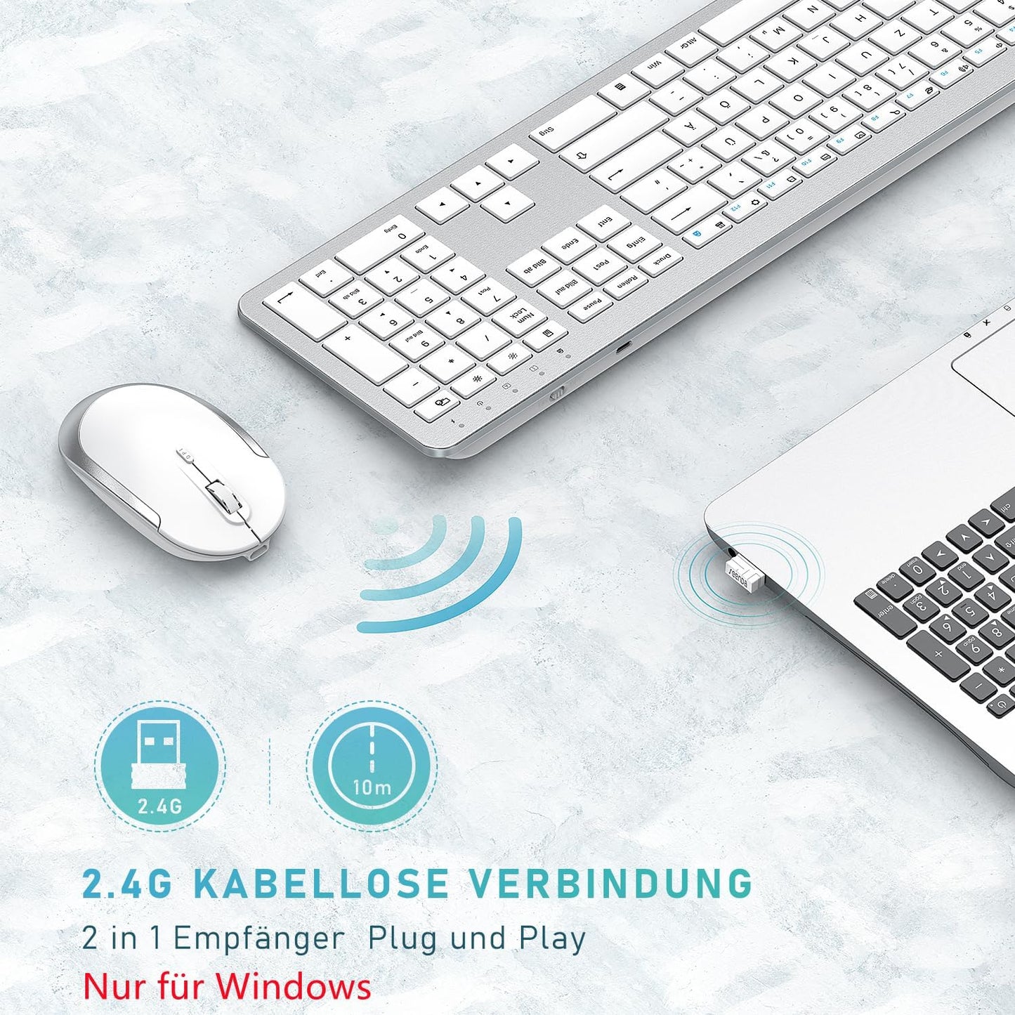 Kabellose Tastatur und Maus Klein, Ultradünne Mini Funktastatur mit Maus mit USB Emfänger für Computer/Laptop/Smart TV/Zuhause/Büro/Reise, QWERTZ Layout und leises klick(Schwarz)